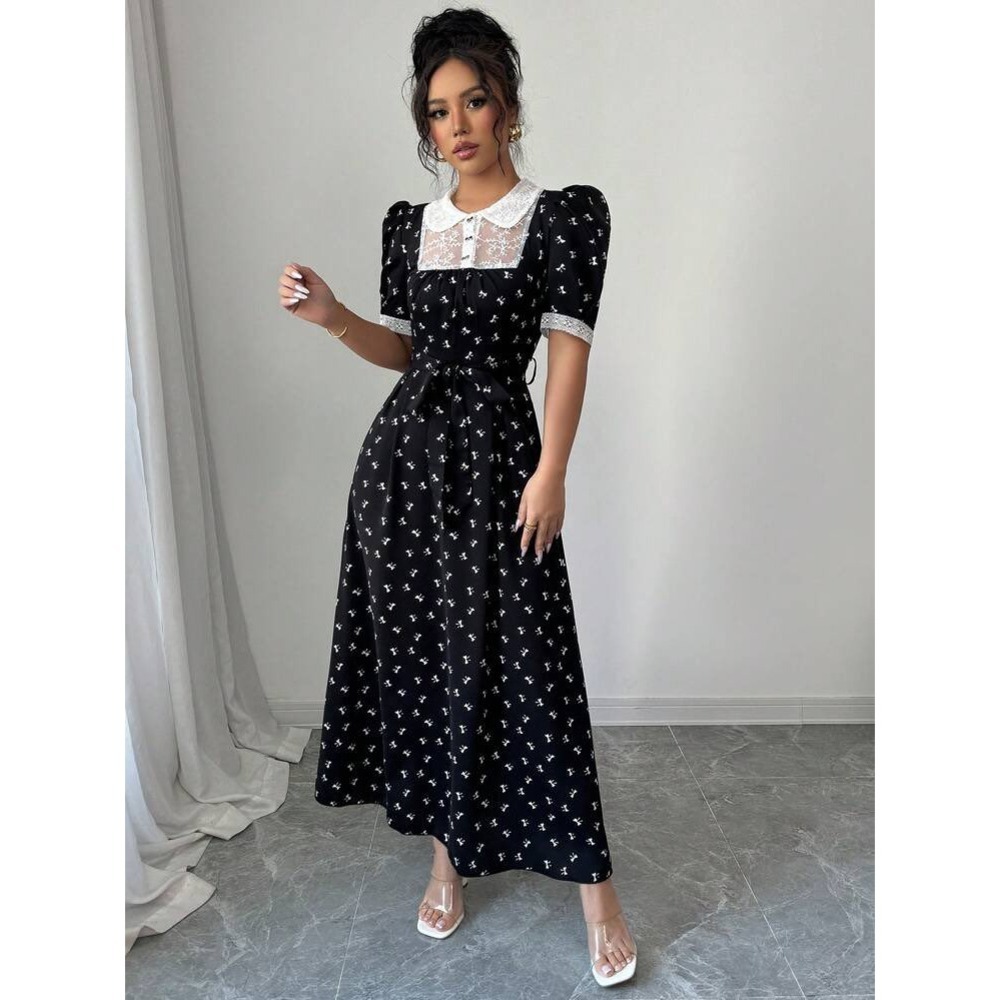 SHEIN Curve Black Bow Polka Dot Maxi Dress Lace Peter Pan Collar Puff Sleeve 2XL